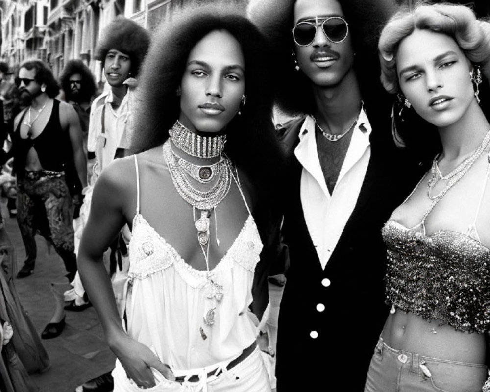 Stylish individuals with afros in 70s fashion on busy street