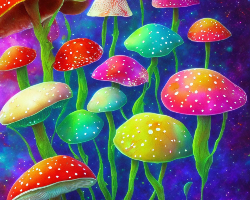 Colorful Mushroom Painting with Cosmic Background in Purple, Pink, Blue, Green