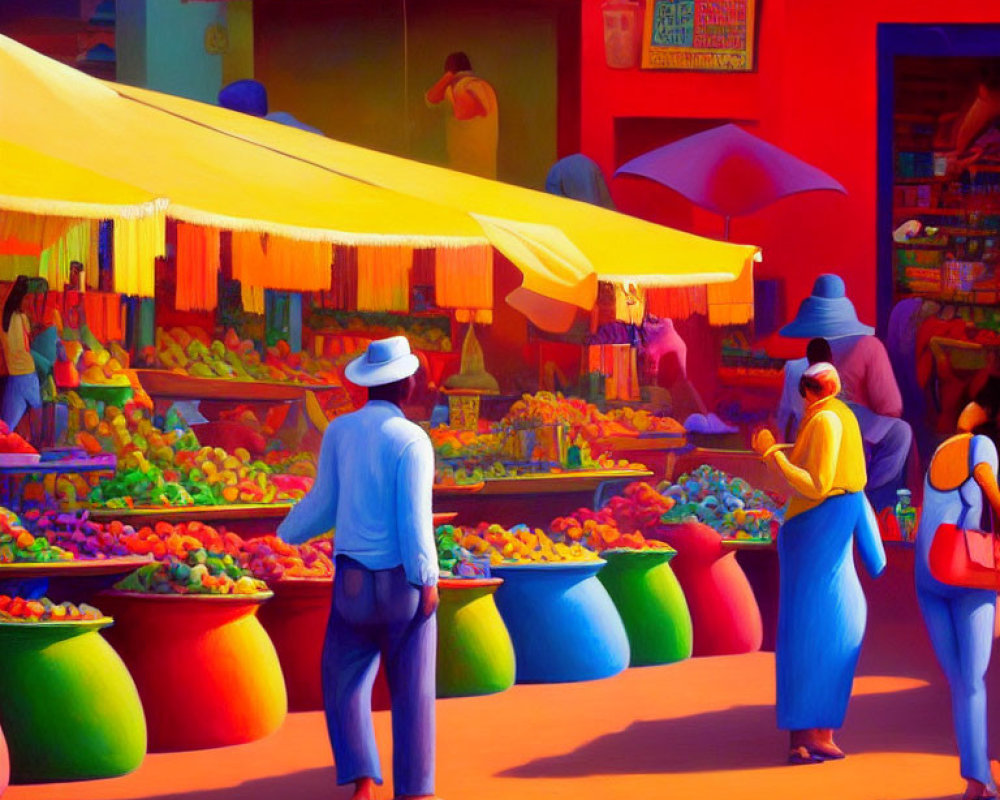 Colorful Market Scene with Shoppers and Fruit Stalls Under Yellow Awnings