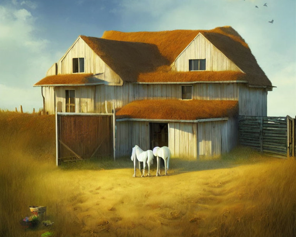 Two White Horses in Front of Old Thatched Barn Amid Dry Grass and Vast Sky