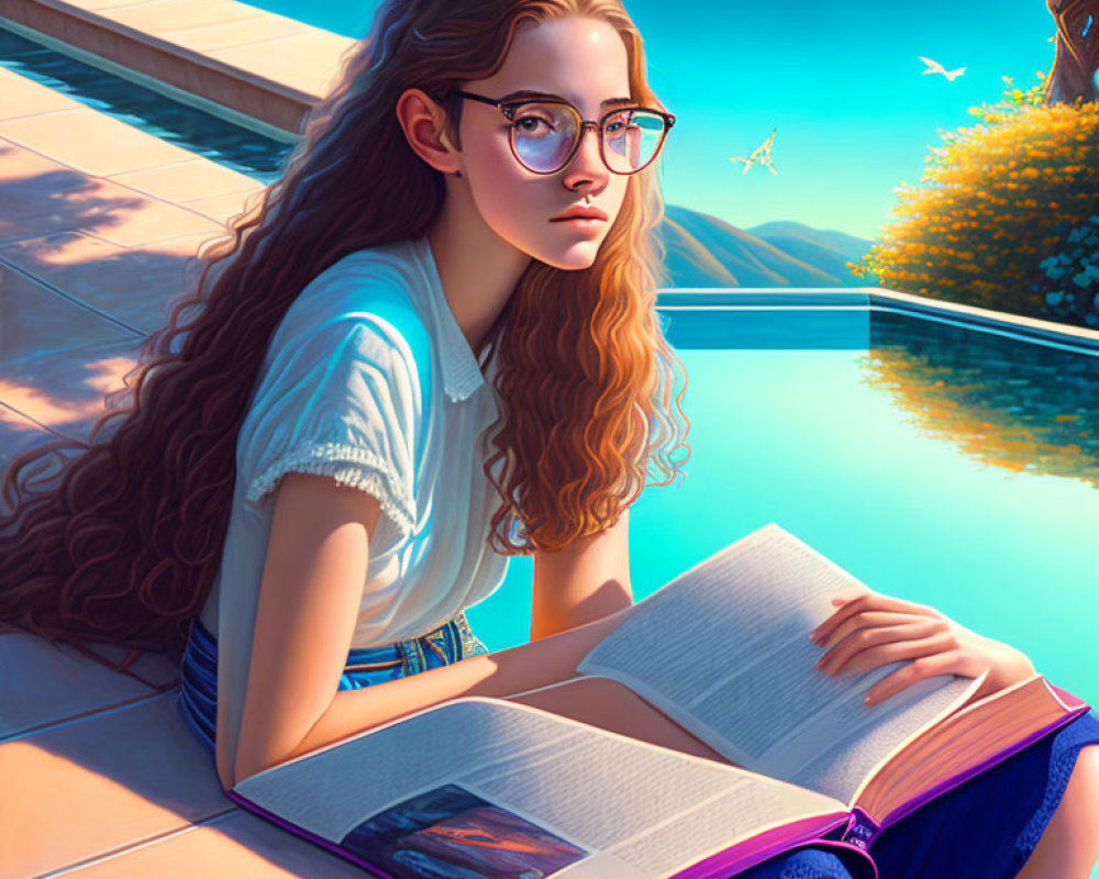 Young woman with curly hair reading by poolside with tranquil scenery