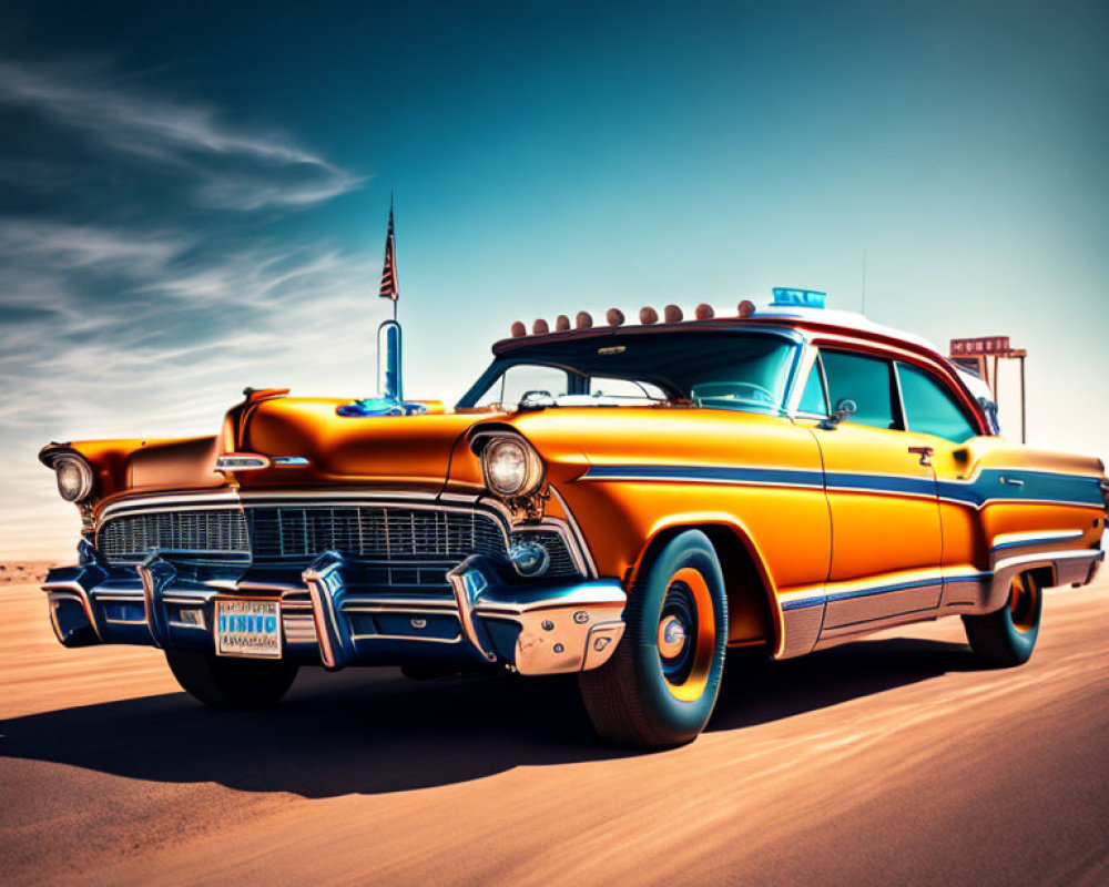 Vintage Yellow and Blue Classic Car with Chrome Details on Open Road