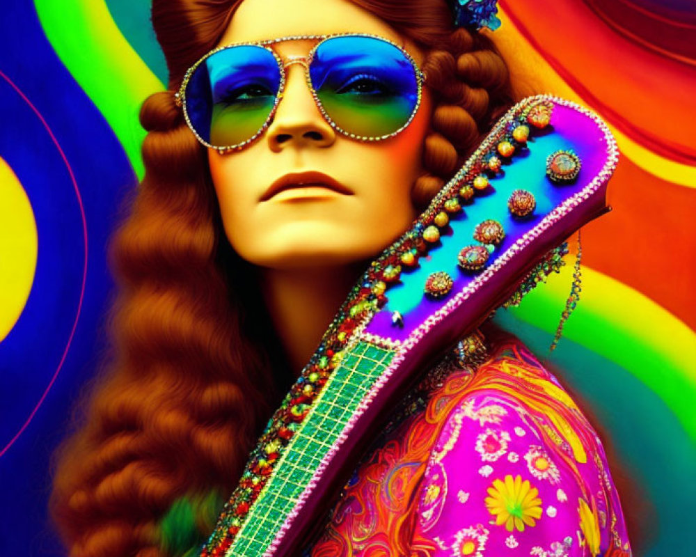 Woman with Braided Hair in 70s-Inspired Clothing and Guitar on Psychedelic Rainbow