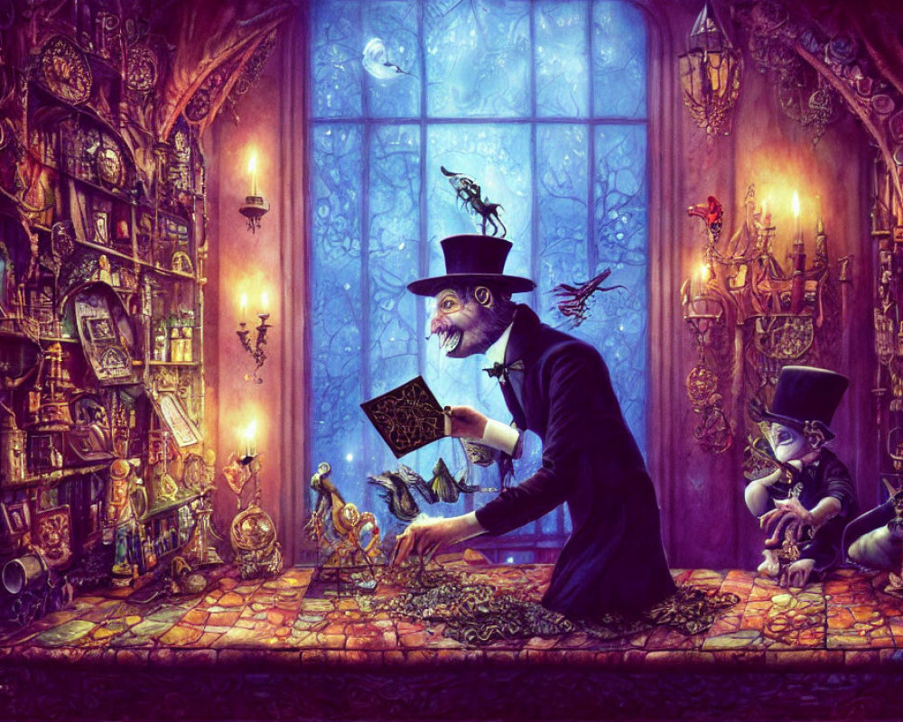 Whimsical shop with mystical items and animals in Victorian attire illustration