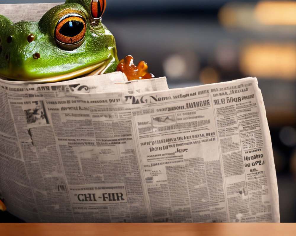 Green Tree Frog Reading Newspaper with Orange Feet on Blurred Background