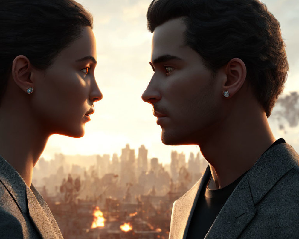 Man and woman close-up against city skyline at sunset