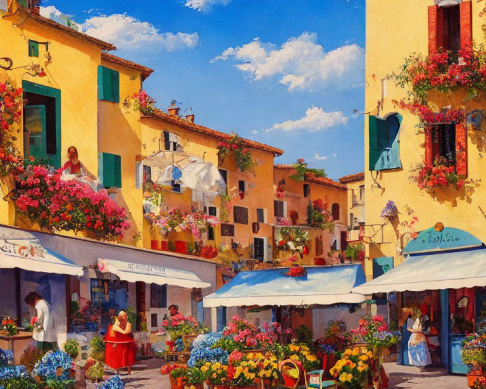 Colorful European Street Market with Flower Stalls