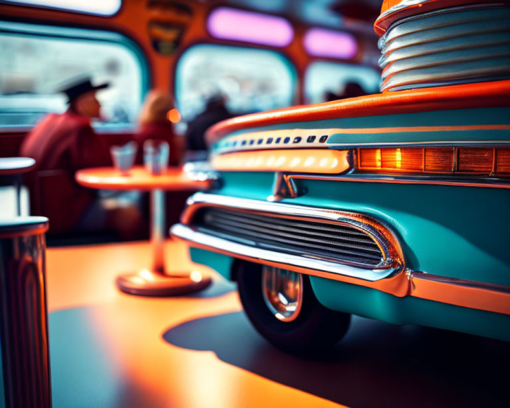 Vintage Teal Car and Chrome Details in Retro Diner Setting