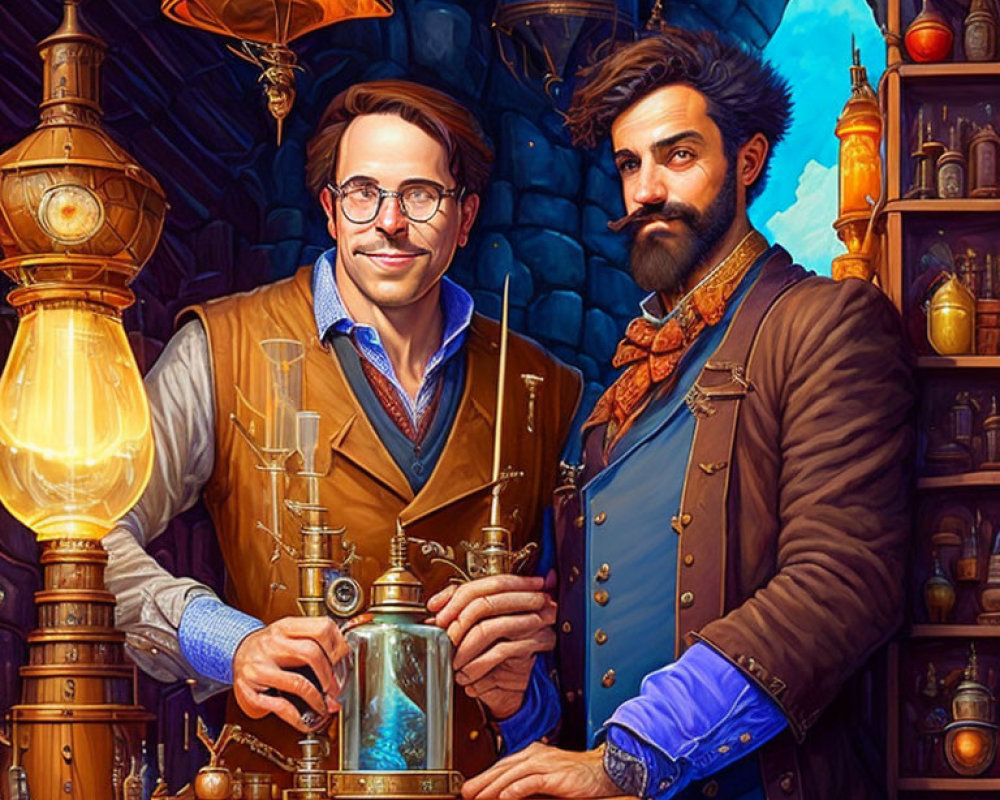 Steampunk laboratory scene with two stylish gentlemen and mechanical devices