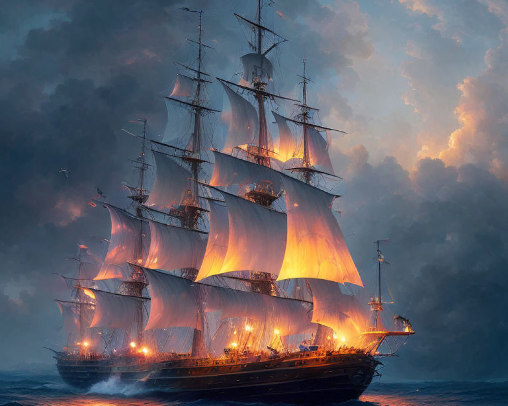 Tall ship with illuminated sails on twilight sea