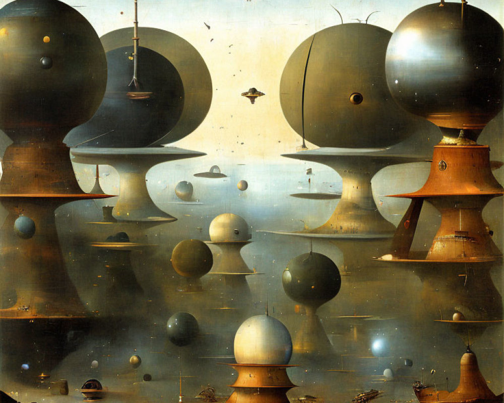 Surreal landscape featuring bulbous towers and floating spherical structures above reflective water with flying crafts and birds