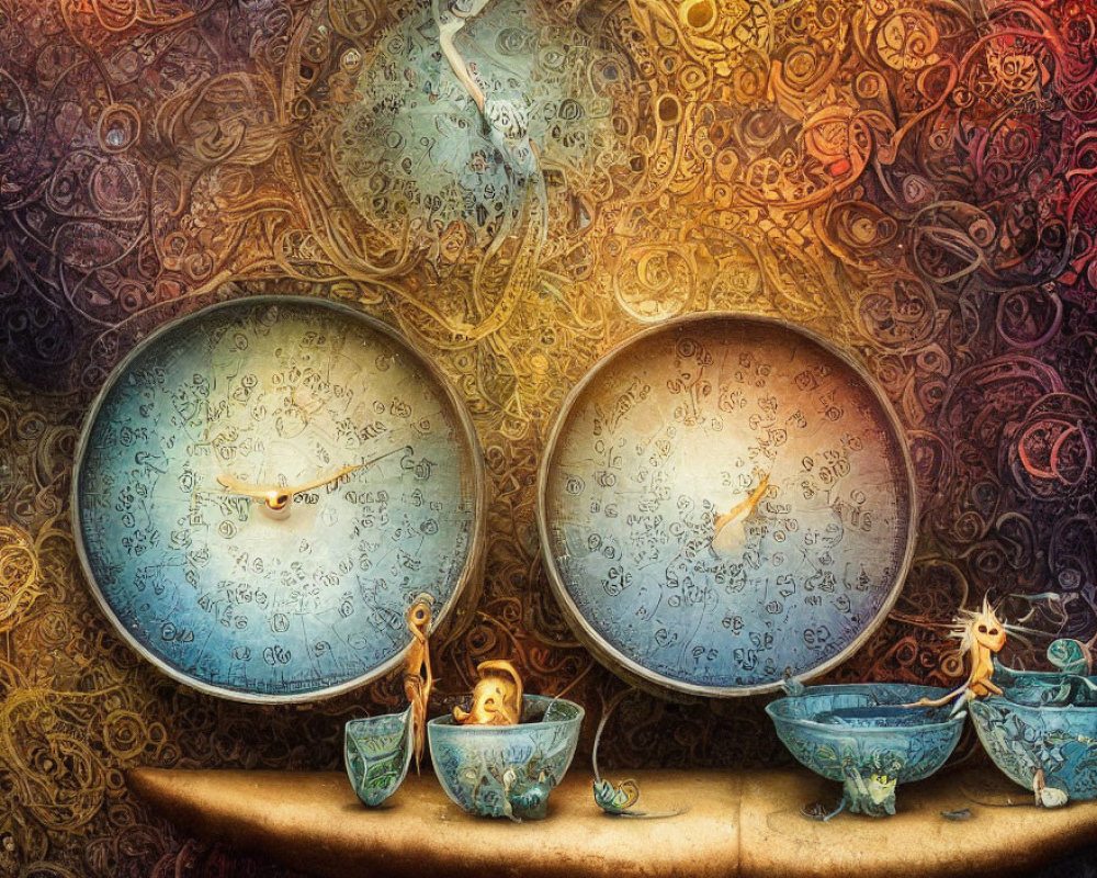 Surreal painting featuring melting clocks, tiny creatures, and colorful patterns