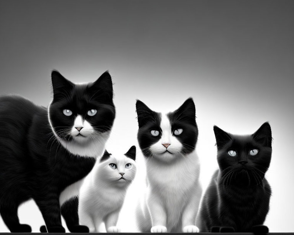 Four Cats with Black and White Fur on Gradient Background