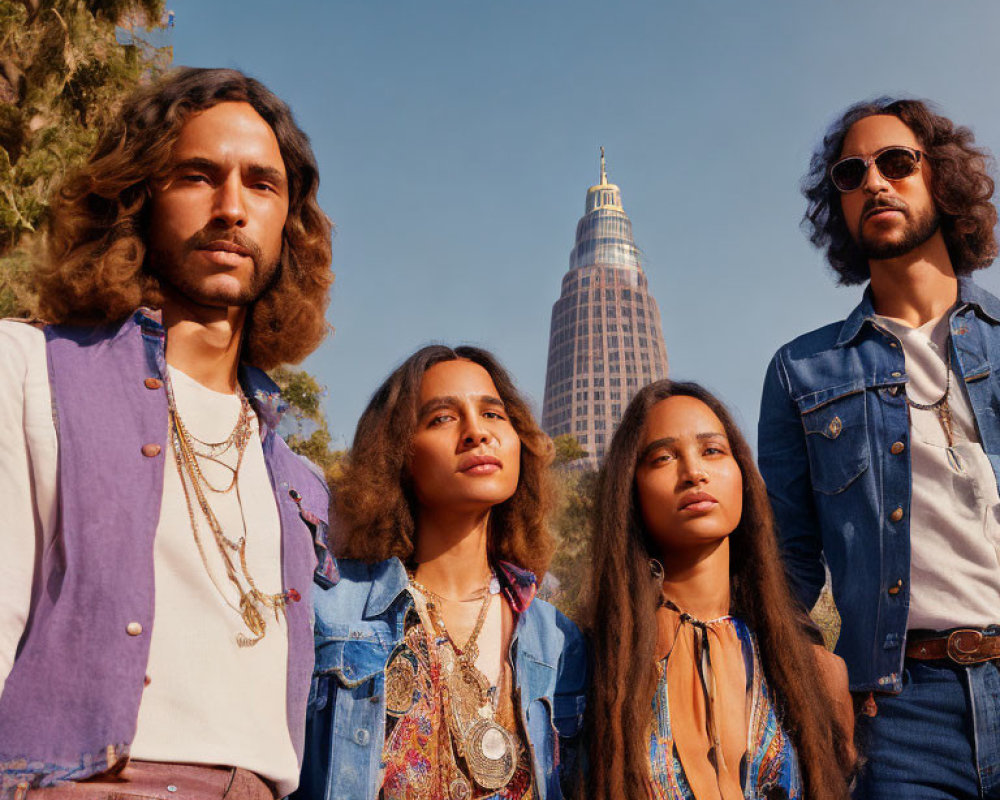 Four individuals in retro fashion pose with skyscraper background