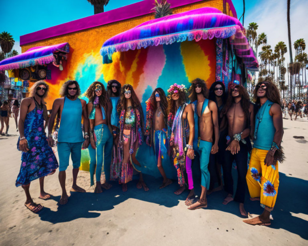 Colorful Hippie-Style Group Poses in Retro Beach Setting