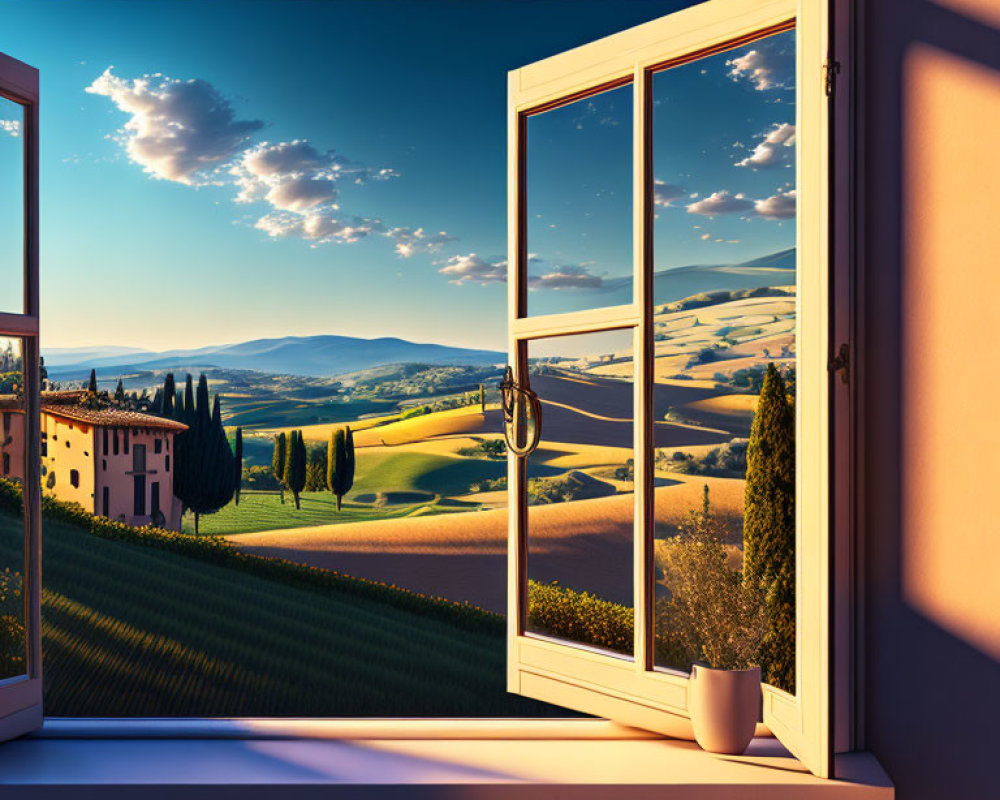 Rural sunset scene: open window, rolling hills, cypress trees