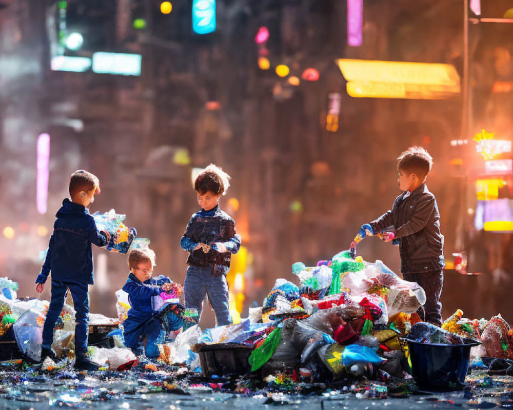 Children playing with illuminated plastic toys on night street with colorful bins and neon signs