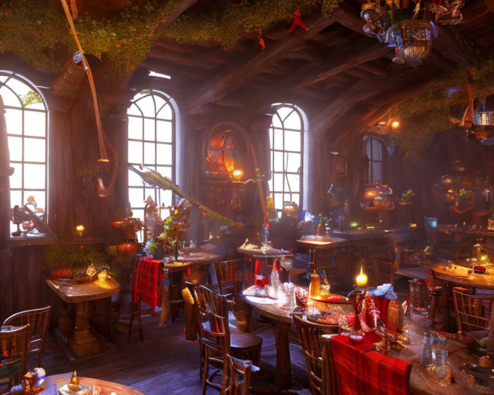 Warmly lit rustic tavern interior with festive dining tables and lush greenery