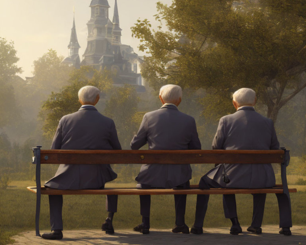 Three elderly men in suits on park bench near castle and trees