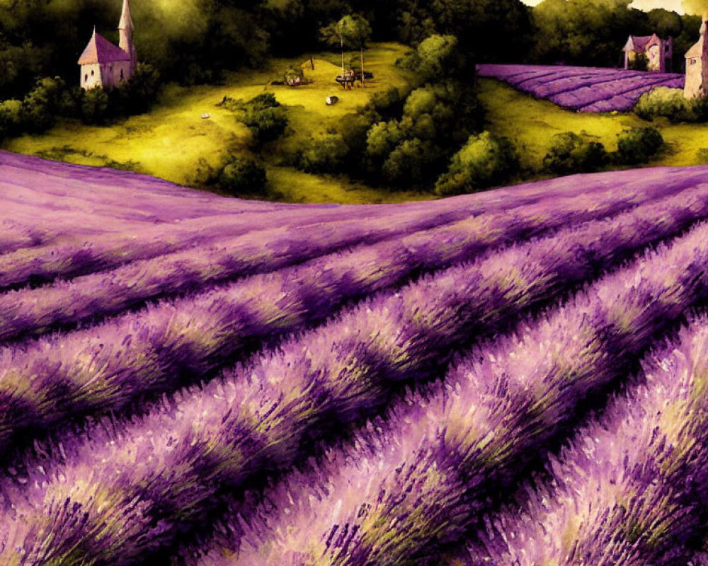 Vibrant purple lavender field with rolling hills and distant castle-like buildings