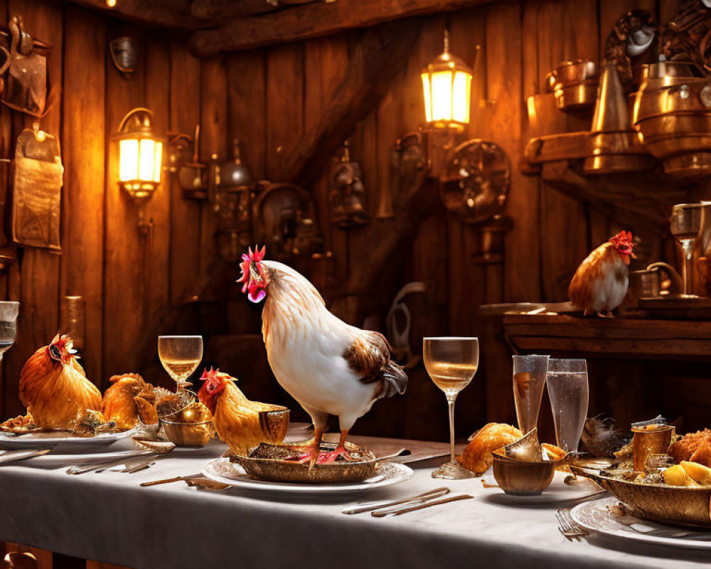 Chickens at rustic table with wine glasses, candles, feast