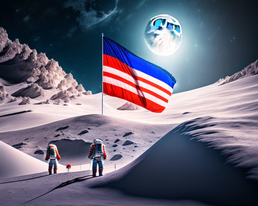 Astronauts, dog, American flag on snowy lunar landscape with spacecraft.