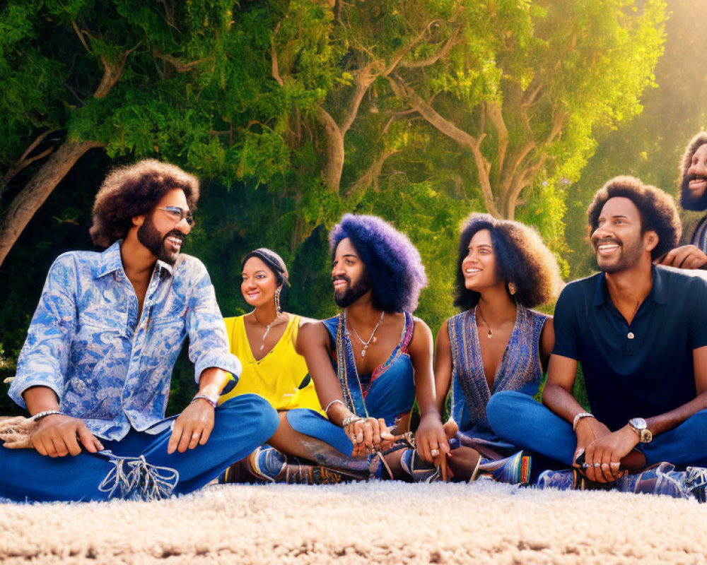 Six people with afros enjoying sunny outdoor picnic on a blanket