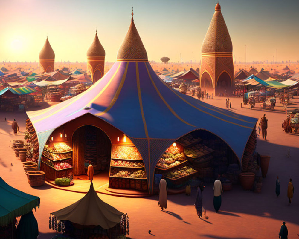 Vibrant outdoor market at sunset with colorful tents and bustling stalls.