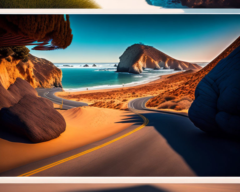 Scenic coastal road overlooking sunlit beach, rocks, cliffs, and ocean