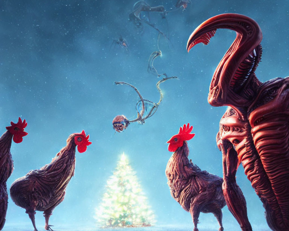 Chickens, Alien-like creature, astronauts, and space debris around a Christmas tree