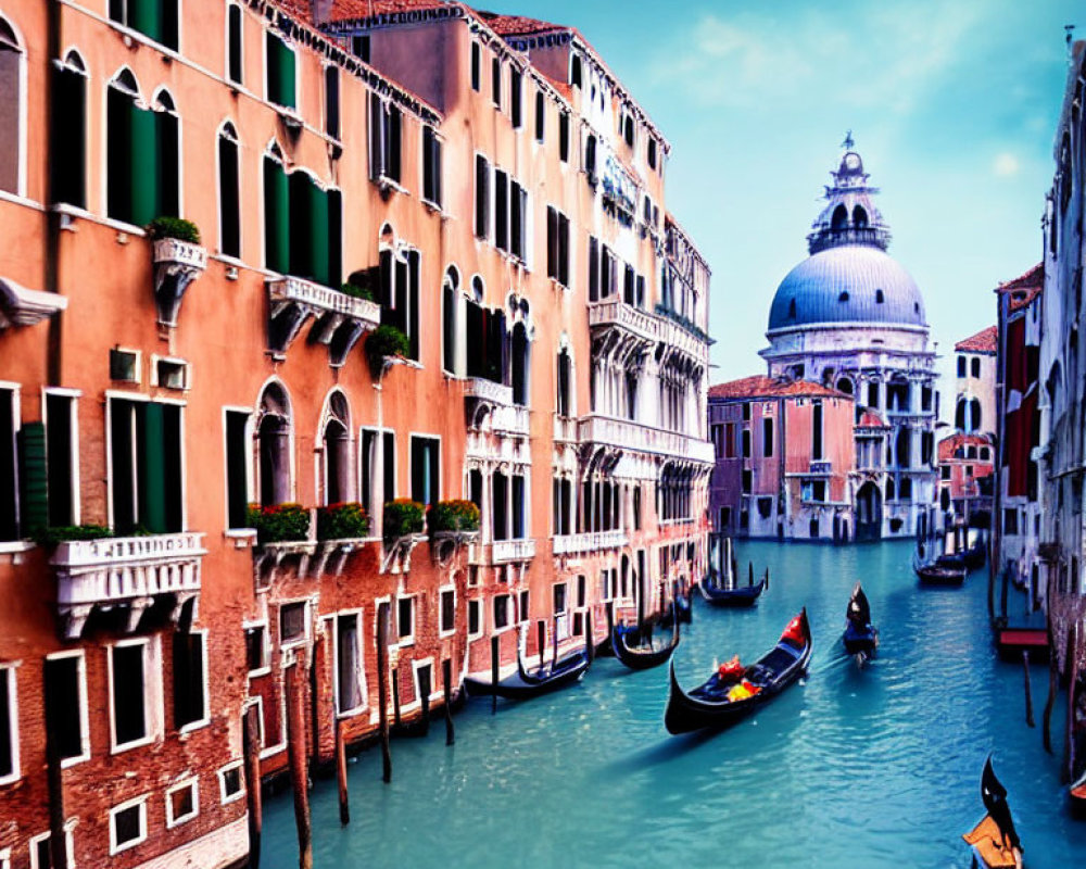 Historic colorful buildings and gondolas on serene Venice canal