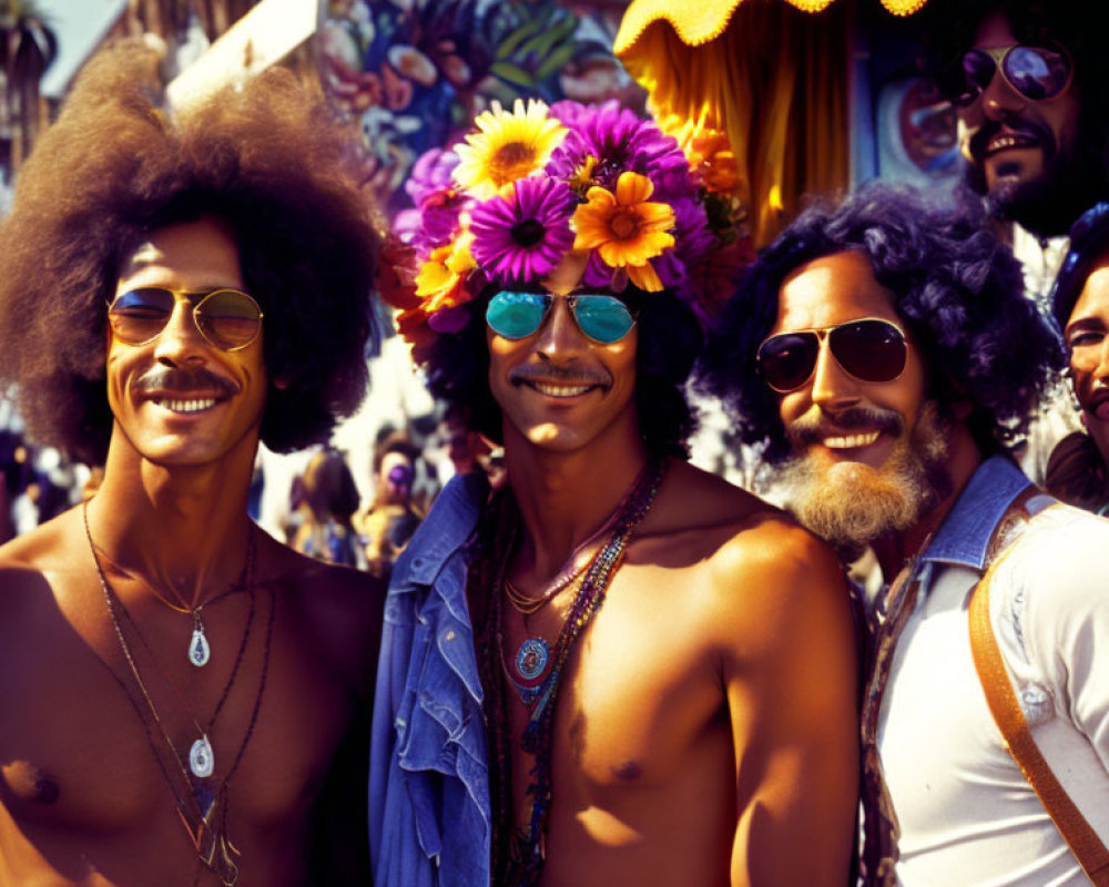 Smiling people in retro attire with colorful outfits and large afros