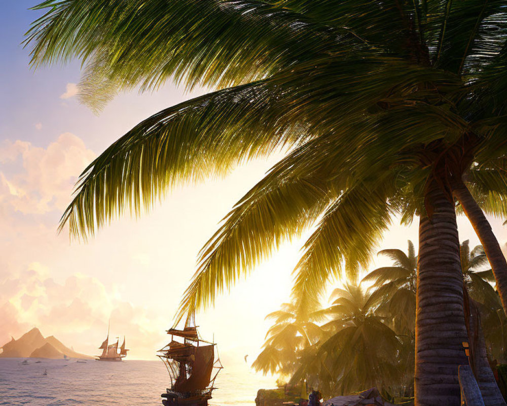 Tranquil tropical sunset scene with palm trees and sailing ships.