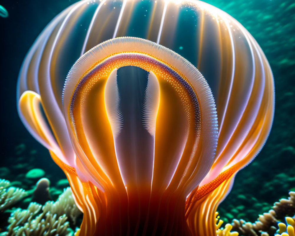 Translucent jellyfish with glowing edges and intricate patterns underwater