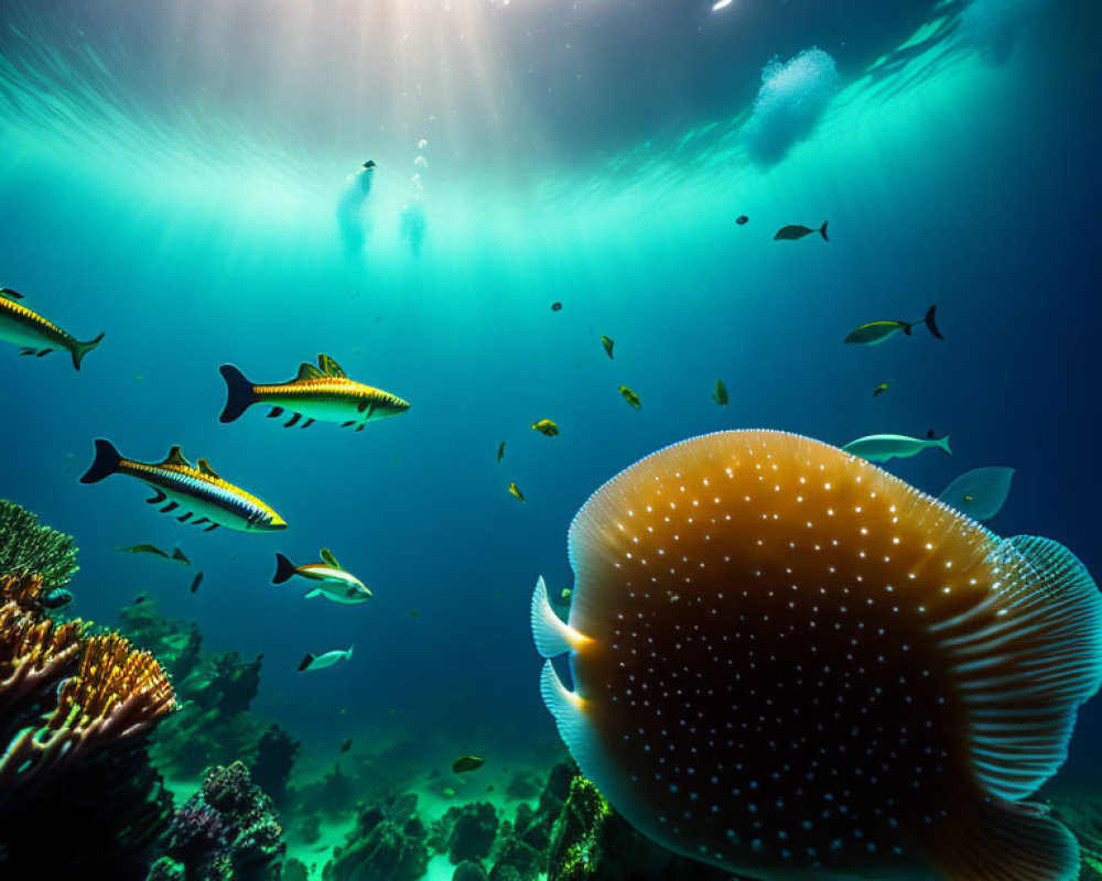 Colorful Underwater Scene with Sunbeams, Fish, and Coral Reefs