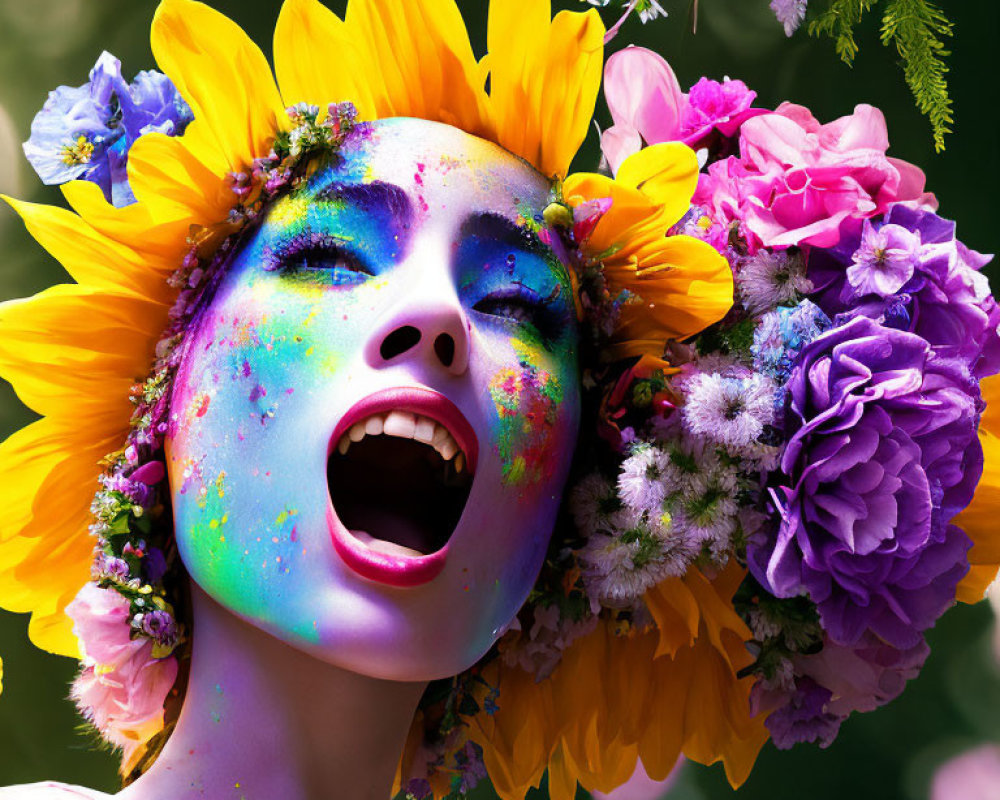 Colorful floral makeup and sunflower headpiece on person surrounded by purple and pink flowers.