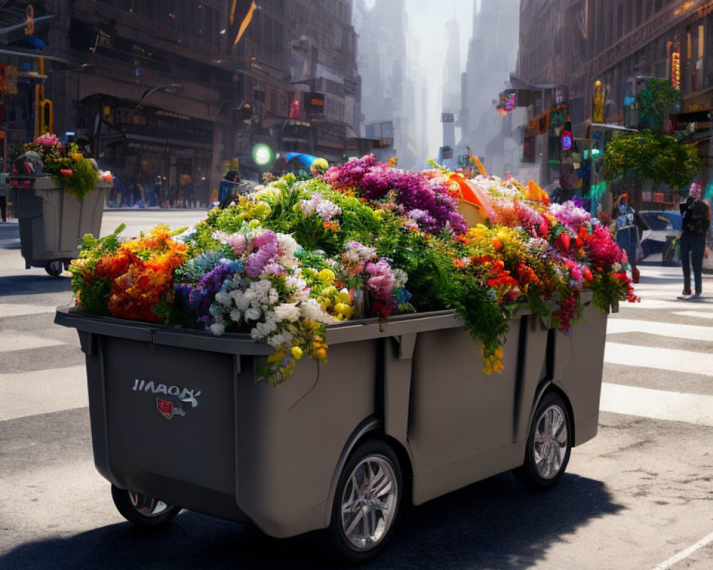 Vibrant multicolored flowers in large urban street bin