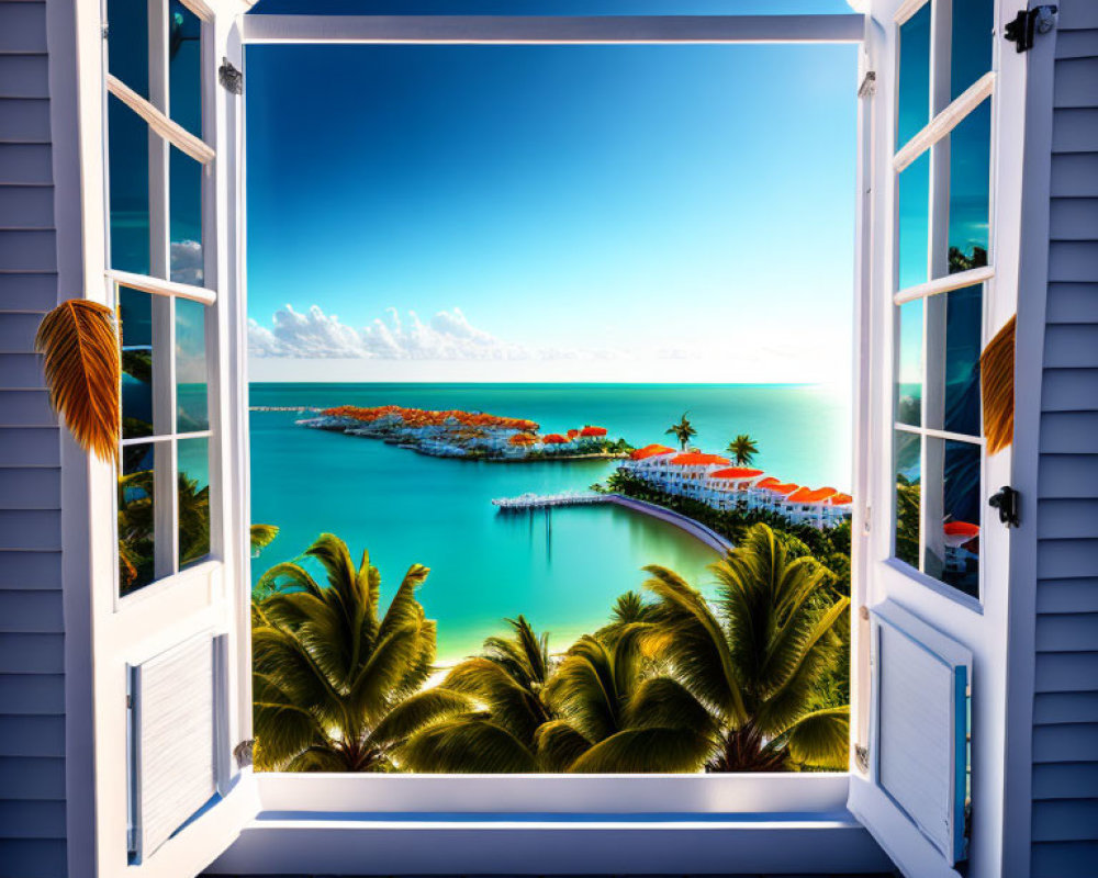 Tropical vista with palm trees, turquoise sea, and colorful buildings