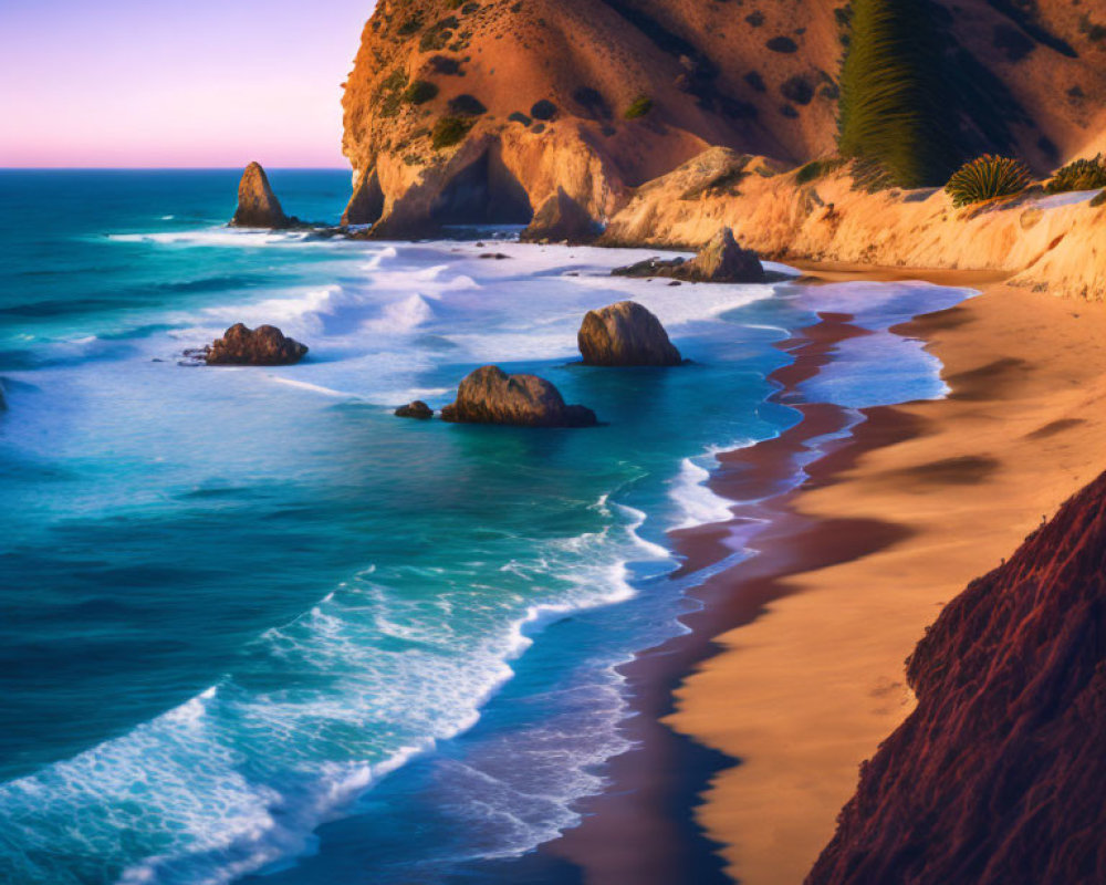 Tranquil Sandy Beach with Cliffs and Rock Formations at Twilight