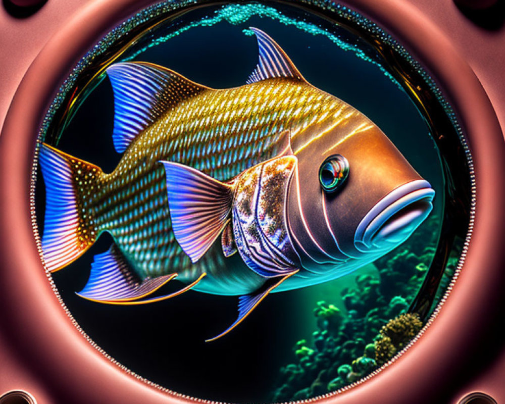 Colorful Fish Swimming Through Circular Porthole in Blue Water