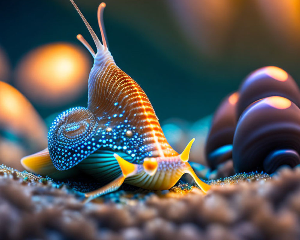 Colorful Snail with Patterned Shell on Textured Surface and Soft-Focused Background