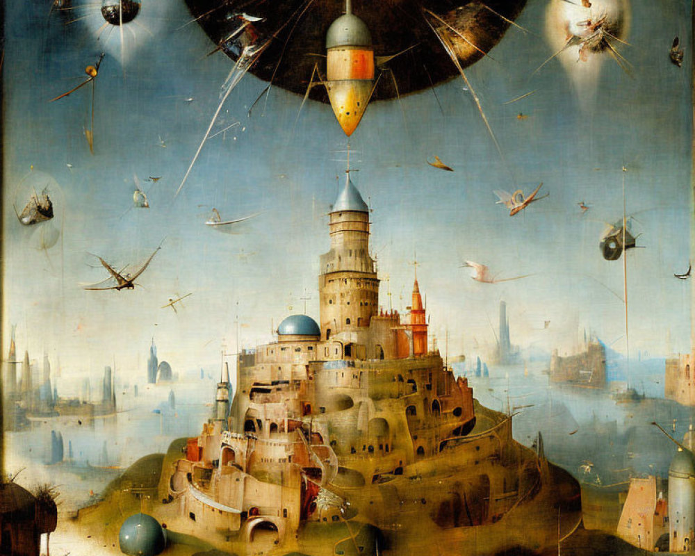 Surreal painting of Tower of Babel with celestial orbs and mechanical structures