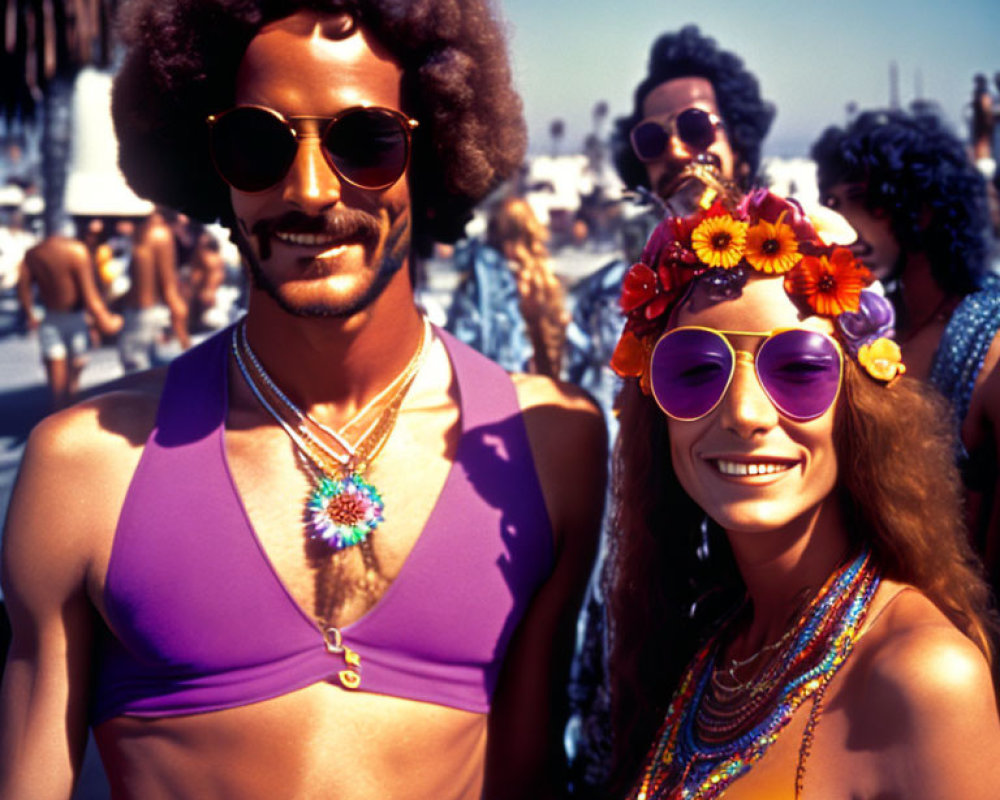 Colorful 70s Outfits with Large Afros and Sunglasses