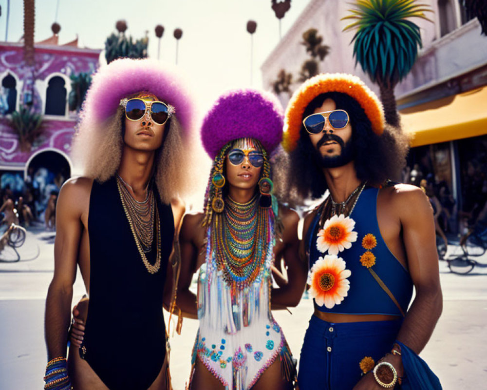 Three People in Retro Outfits with Afros and Sunglasses in Tropical Setting