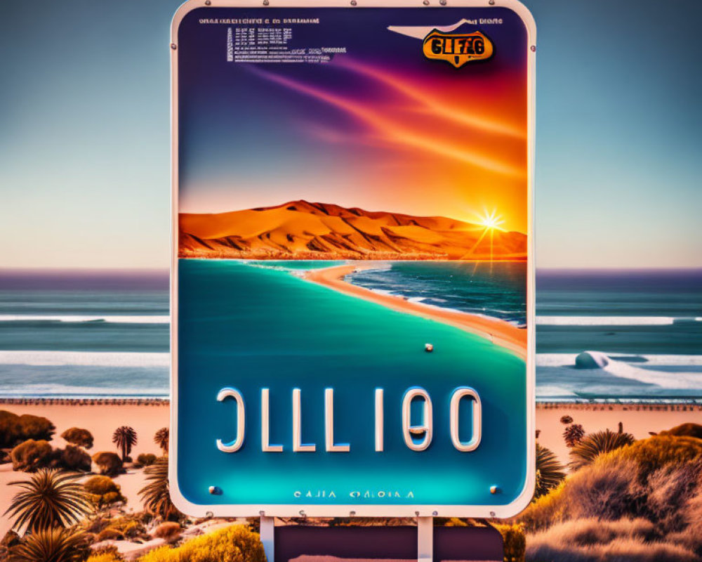 Vibrant beach and desert landscape billboard at sunset