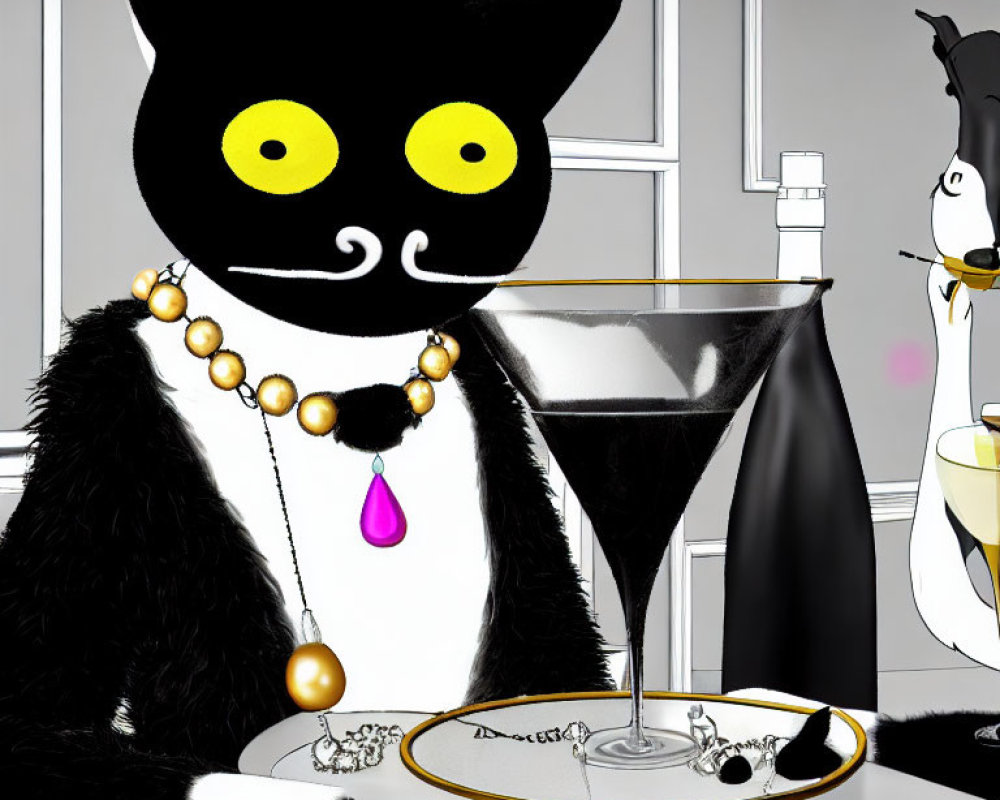 Black Cat with Yellow Eyes and Pearls at Table with Penguin Waiter