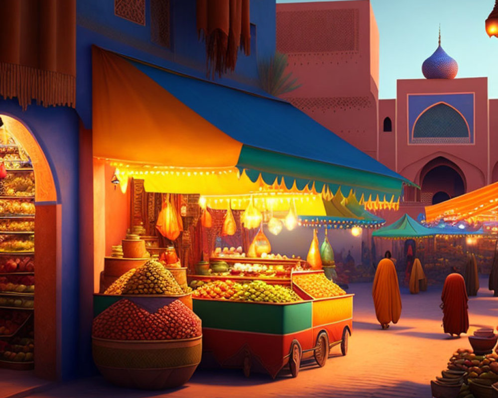 Vibrant market scene at dusk with fruit and spice stalls under blue sky