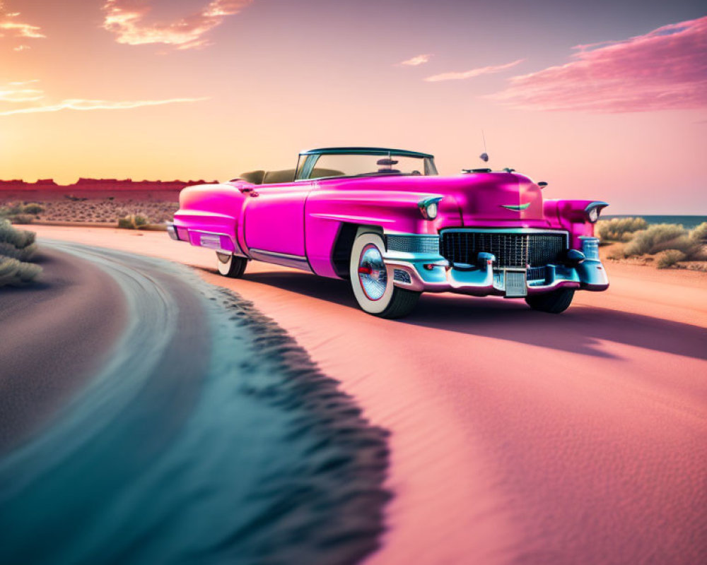 Pink classic car driving in desert at dusk with purple sky and sand