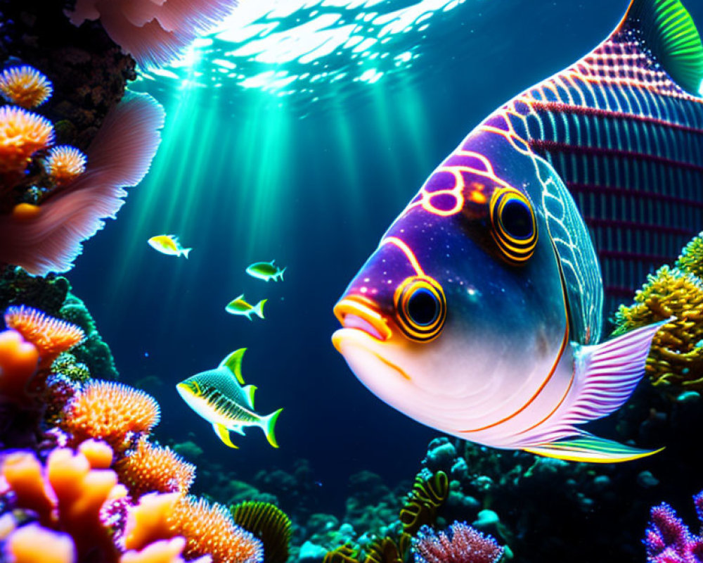 Colorful Tropical Fish and Coral Reefs in Sunlit Ocean