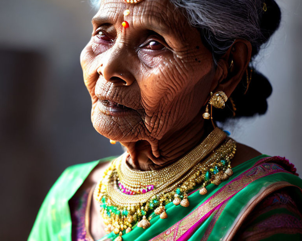 Elderly woman in colorful saree with traditional jewelry gazes pensively.